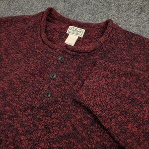 LL Bean Roll Neck Henley Sweater Mens XL Cotton Knit Red Black Chunky Fisherman